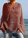 Plus Size Women's Loose Casual Solid Color Hollow Long-sleeved Sweaters