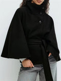 Ladies' Elegant Solid Color Stand Collar Tie-waist Cloak Trench Coats