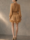 Women's Long Sleeve Pleated Chiffon Ruffle Tiered Mini Dress