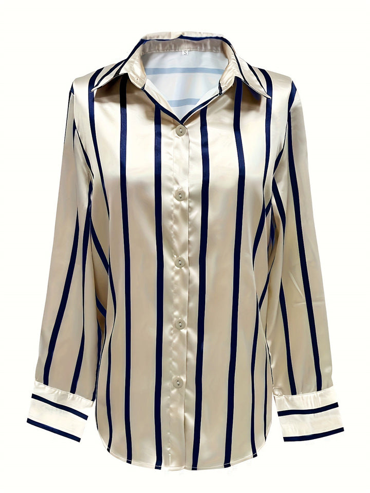 Spring Women's Elegant Striped Blouses Long Sleeve Slim Fit Office Casual Top