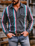 Men Striped Button Down Long Sleeve Chest Pocket Shirts