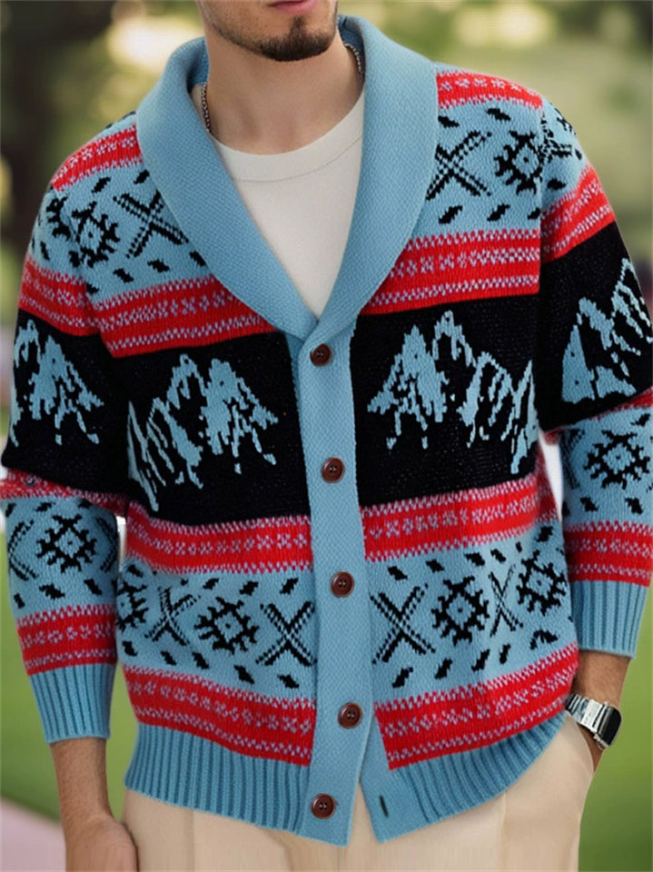 Male's Retro Autumn  Blue Jacquard Lapel Button Up Cardigan Sweaters