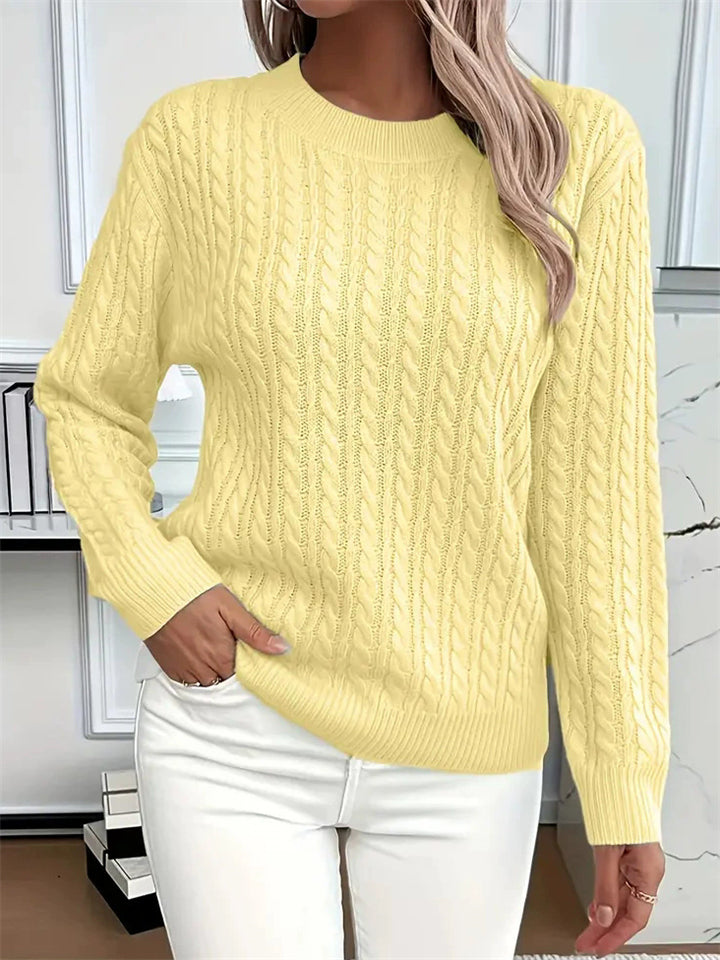 Women's Macaron Color Round Neck Soft Cable Knit Sweaters