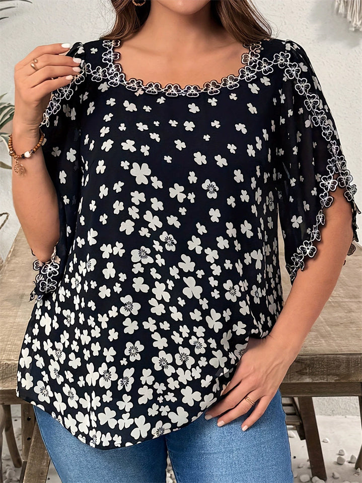 Women's Summer Black Clover Printed Square Neck Chiffon Shirt