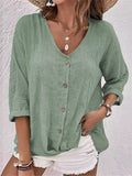 Casual Solid Color Loose Button Up V Neck Blouses for Women