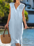 Women's V Neck Sleeveless Breathable Cotton Linen Beach Dress