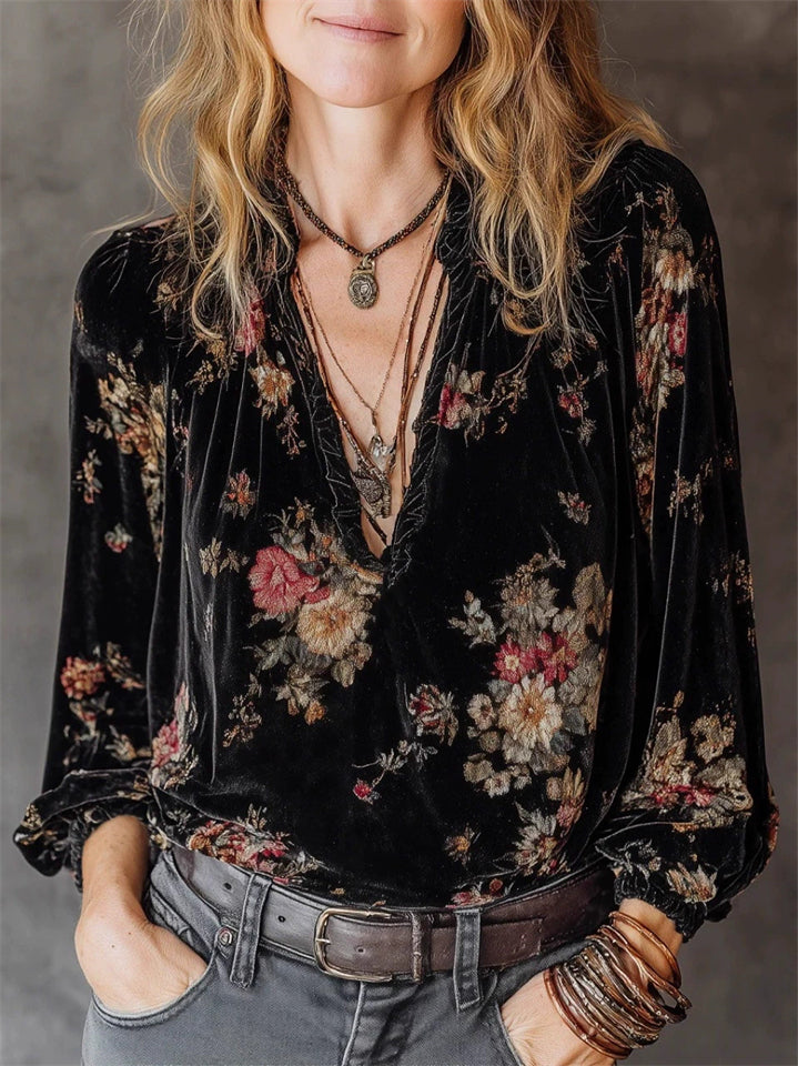 ‌Women's Vintage Velvet Floral Print Long Sleeve Casual Shirts