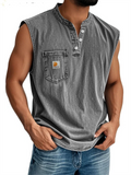 Men's Retro Cotton Distressed Pocket Sleeveless Henley Shirts