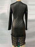Women's Sexy Faux Leather Black Lace Patchwork V Neck Dress