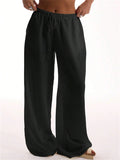Women's Summer Solid Color Wide Leg High Rise Drawstring Pants