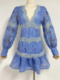 Hollow Trendy Puff Sleeve Patchwork Mini Dress for Lady