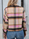 Women's Causal Contrast Color Plaid Pockets Waist Length Coat
