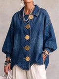 Women Autumn Stylish Oversize Lapel Metal Button Denim Jacket
