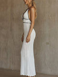 Women Contrast Trim Backless Sexy Beach Resort Halter Knit Maxi Dress