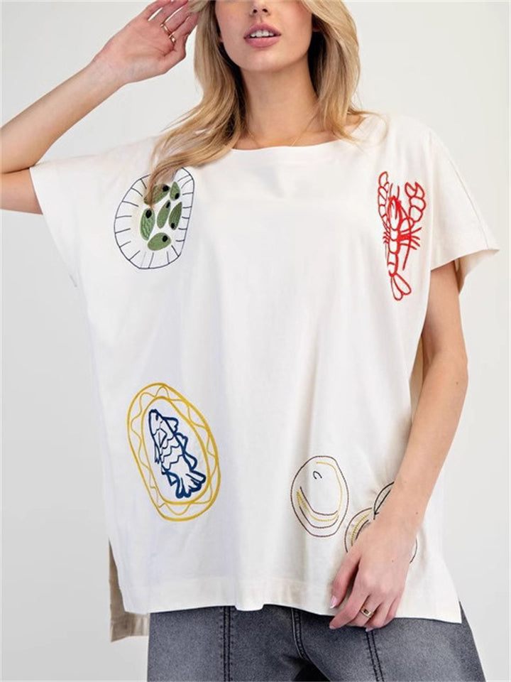 Women's Cartoon Embroidery Asymmetric Hem Short Sleeve Loose T-Shirt