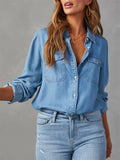 Women's Blue Single Breasted Lapel Denim Blouses