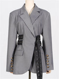 Women's Gray V-neck Long Sleeve Tie-waist Suit Coat