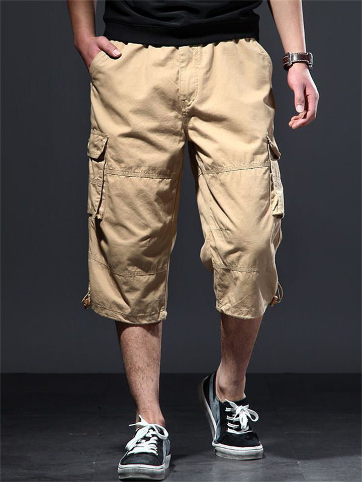 Men's Summer Casual Solid Color Cotton Pockets Cargo Capri Pants