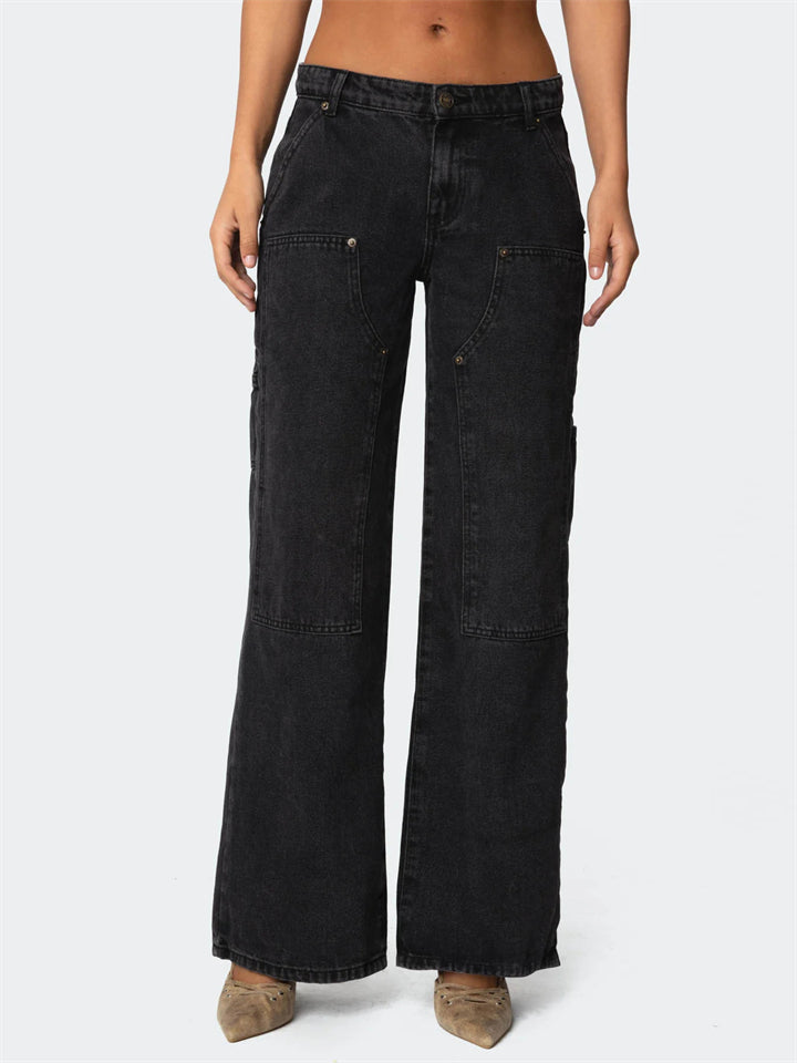 Women's Retro Solid Color Mid-Rise Cargo Straight Denim Pants