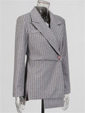 Women's Gray Long Sleeve Stripe Asymmetric Hem Suit Blazer