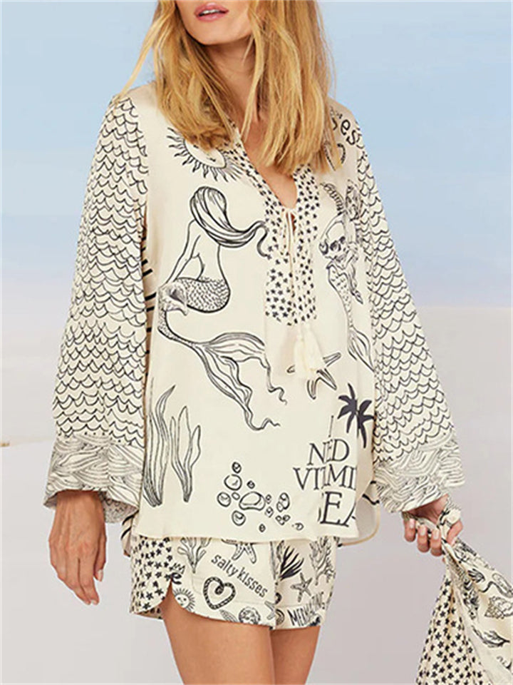 Women's 2pcs Summer Print Long Sleeve Satin Top & Short Pants Set