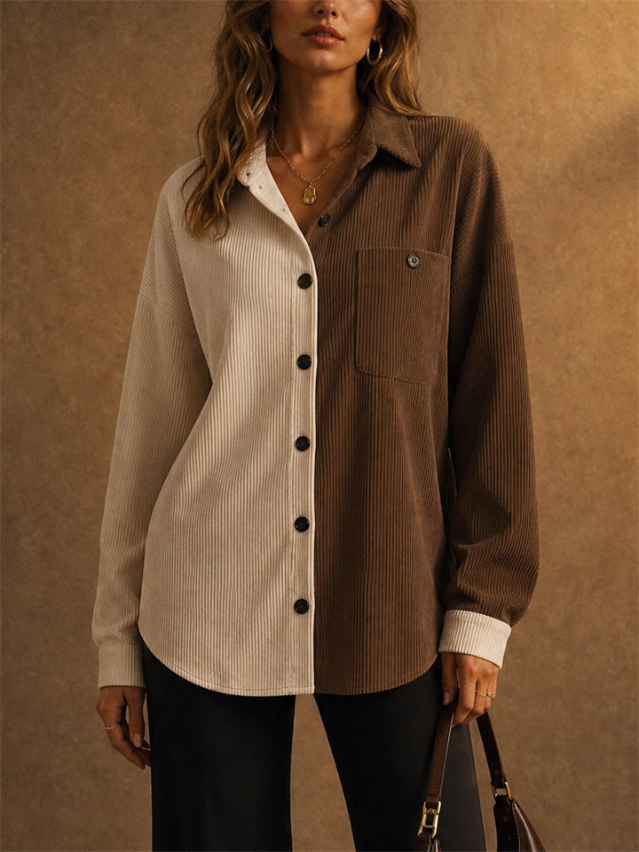 Women Color Block Corduroy Button Down Oversized Shirt
