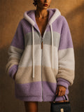 Women Oversized Color Block Fuzzy Sherpa Fleece Zip Hoodie