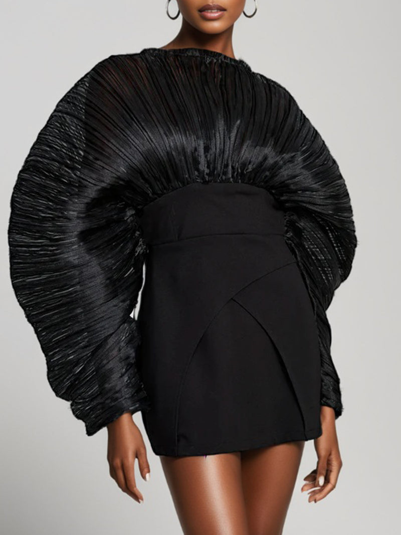 Elegant Pleated Design O-neck Short Sheath Dress