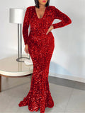 Women's V-neck Long Sleeve Floor Length Sequined Mermaid Dress
