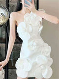 French Style Elegant 3D Flowers Strappy Mini Dress for Lady