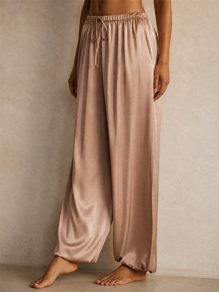 Women Satin High Waist Drawstring Loose Harem Jogger Pants
