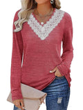 Women's Elegant White Lace V Neck  Solid Color Long Sleeve Shirt