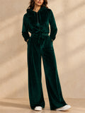 Women Velvet 2 Piece Zip Up Hoodie Wide Leg Pants Tracksuit Set