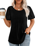 Women's Casual Solid Color Pleated Round Neck Short Sleeve Shirts
