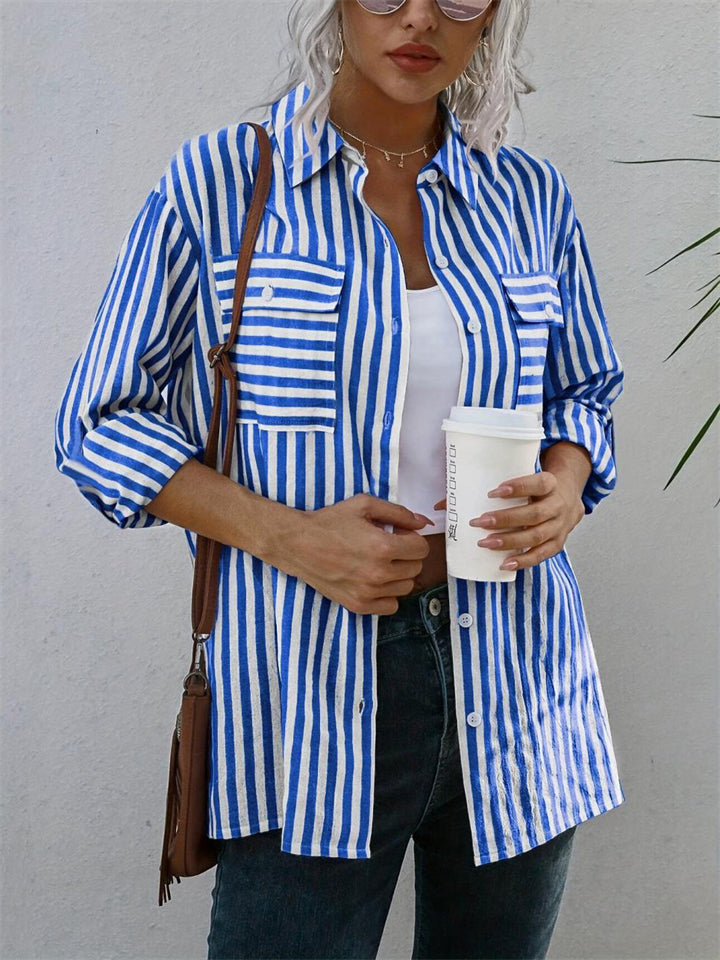Women's Summer Holiday Striped Button Lapel Blouse