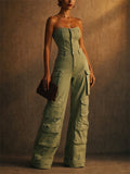 Women Green Denim Tube Top Wide Leg Cargo Jumpsuit