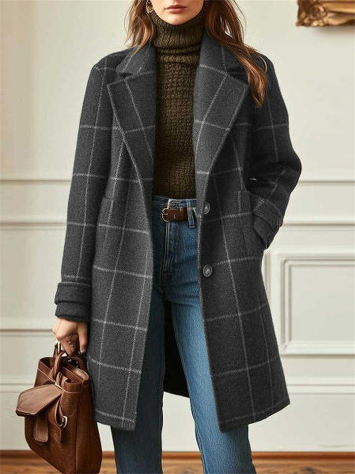 ‌Autumn Plaid Single Breasted Mid-Length Lapel Coat for Women