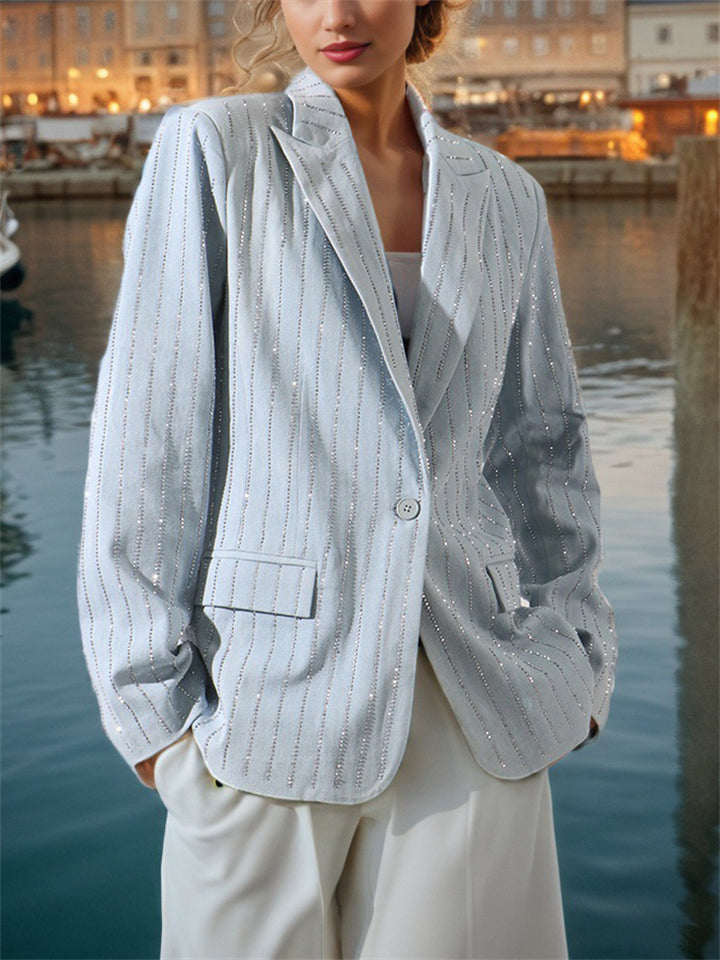 Women's Blue Bling Long Sleeve Single-Breasted Stripe Suit Coat