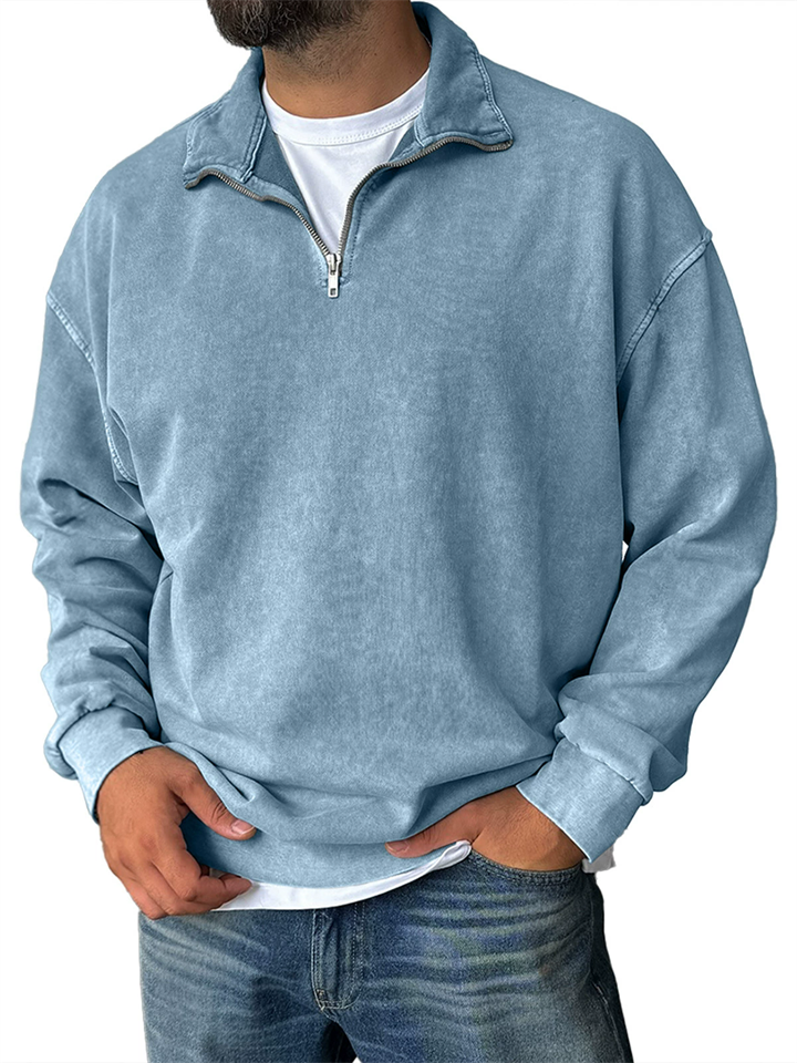 Men's Casual Solid Color Distressed Stand Collar Zipper Long Sleeve Sweatshirts