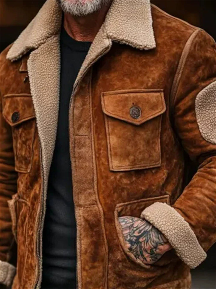 Men's Vintage Winter Thicken Patchwork Lapel Zip Up Coats