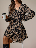 Women's Summer Retro Print Contrast Color V Neck Above Knee Length Dress