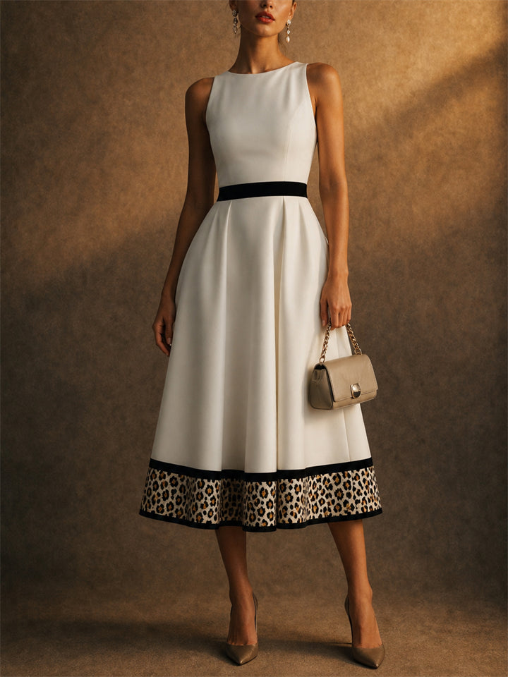 Women White Sleeveless A Line Midi Elegant Leopard Hem Dress