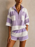 Womens Striped Quarter Zip Polo Shorts 2 Piece Lounge Set