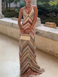 Female's Elegant Contrast Color Printed Party Slim Fit Halter Strap Dress