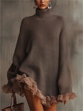 Women's Turtle Neck Ruffled Trim Long Sleeved Sweaters
