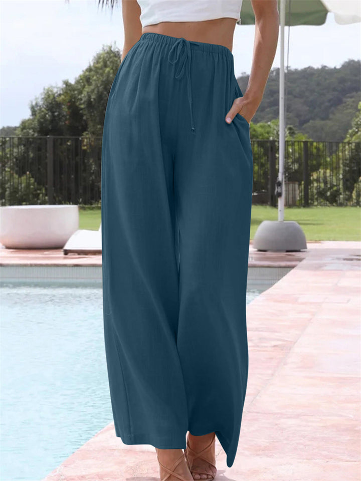 Ladies Relaxed Cotton Linen Drawstring Wide Leg Pants