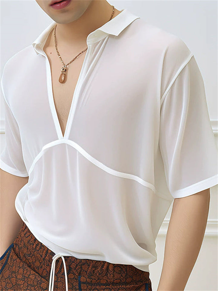Male's White Solid Color Deep V Neck Short Sleeve Shirts