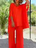 Women's 2Pcs Solid Color Shoulder Cut Lace Up Sleeve Shirt &Pants Set