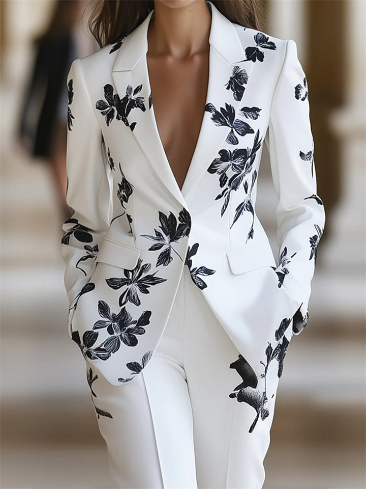 Women's Chic White Floral Printed Single Breasted Suit Set