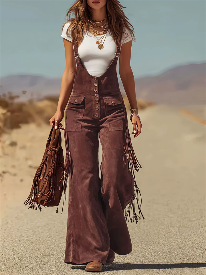 Suede Overalls Cargo Flared Jumpsuit for Women‌ with ‌Fringe
